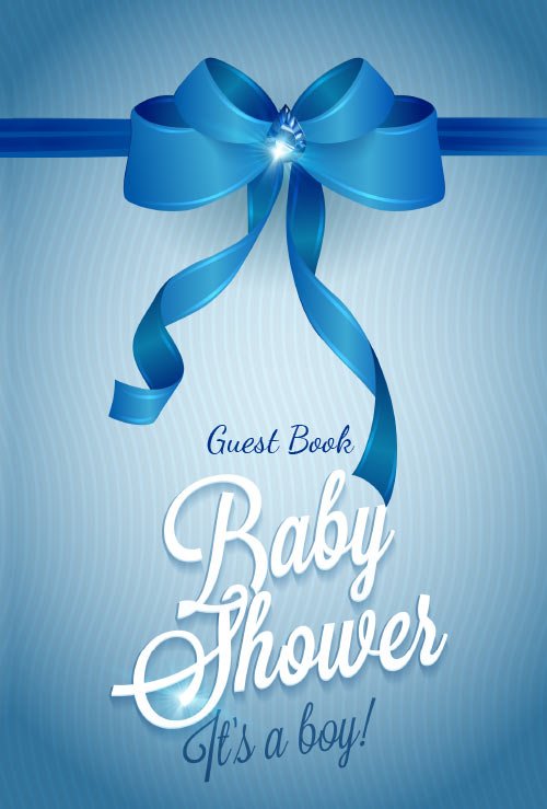 An image showcasing the cover of the "It's A Boy Guest Book Baby Shower" for a baby shower, featuring an elegant design with a blue big bow motif.