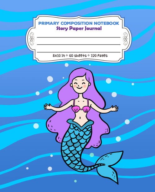 Blue and Purple Mermaid - Primary Composition Notebook Story Paper Journal - Full Page Handwriting Practice Paper with Dashed Midline