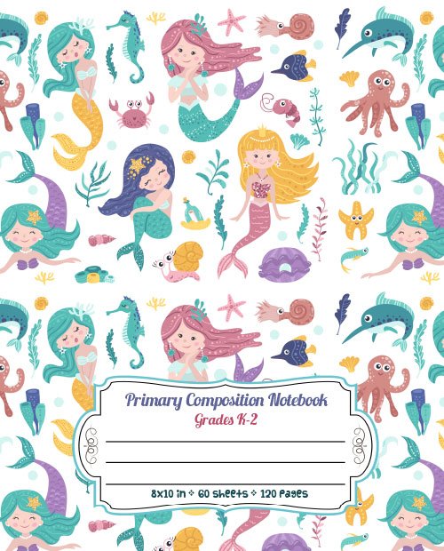 Story Paper Journal with Dashed Midline And Picture Space Exercise Book - Mermaid and Starfish Pattern