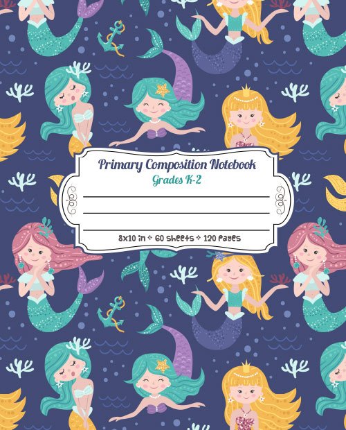 Story Paper Journal with Dashed Midline And Picture Space Exercise Book - Princess Mermaid Pattern