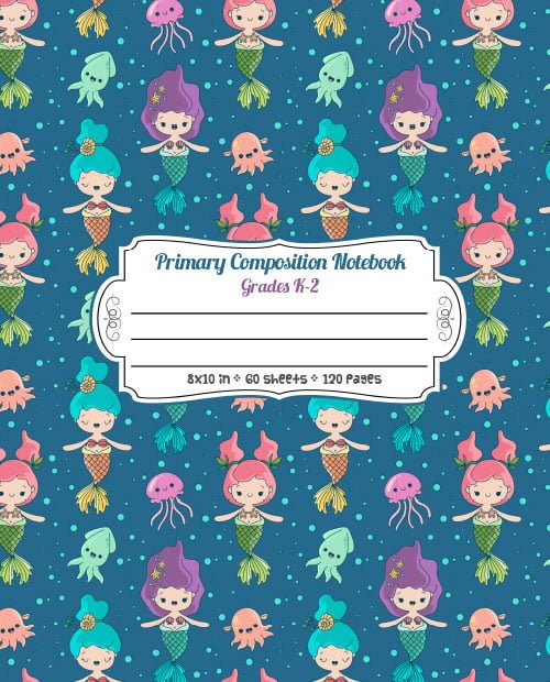 Mermaid, Octopus, and Bubbles Pattern - Primary Composition Notebook Grades K-2 - Full Page Handwriting Practice Paper with Dashed Midline