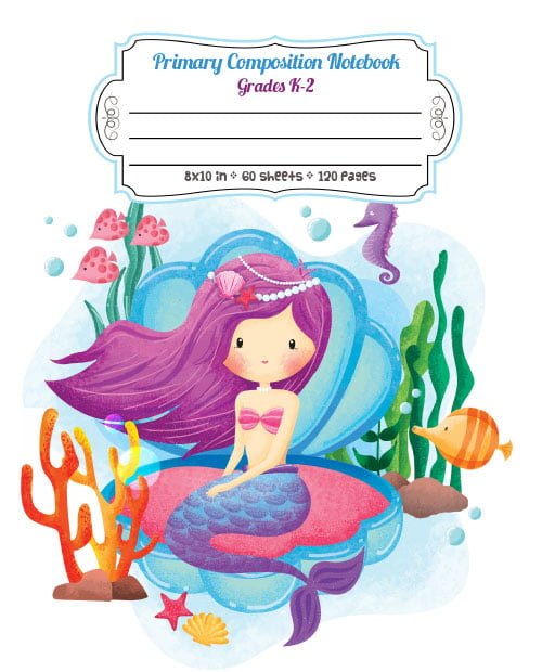 Mermaid and Purple Seahorse - Primary Composition Notebook Grades K-2 - Full Page Handwriting Practice Paper with Dashed Midline