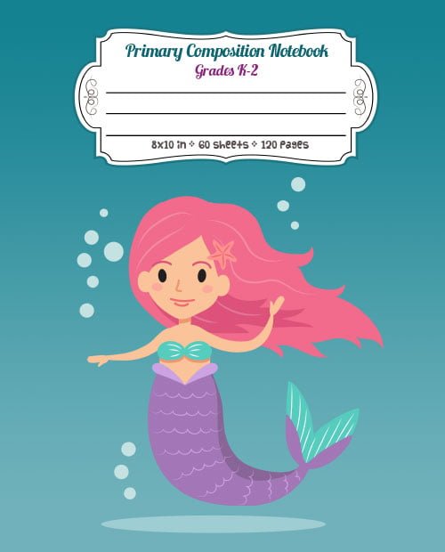 Mermaid with Green Design - Primary Composition Notebook Grades K-2 - Full Page Handwriting Practice Paper with Dashed Midline
