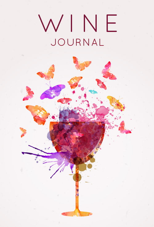 Wine Journal, a wine tasting notebook and diary, featuring purple and orange butterflies flying from a glass, perfect as gifts for wine lovers